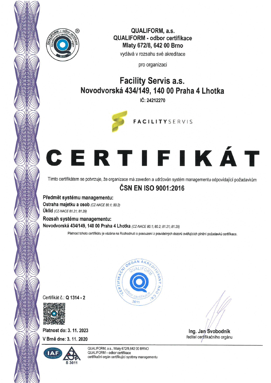 Certifikát Facility Servis